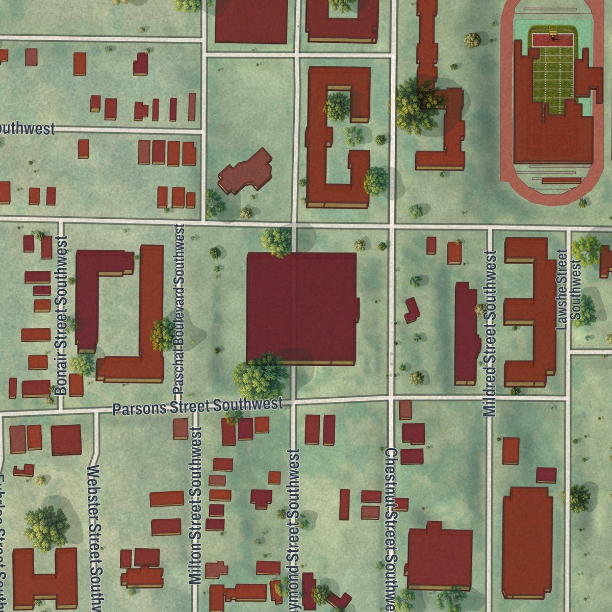 Close-up of the map of Atlanta University Center, Georgia print showing street and building detail