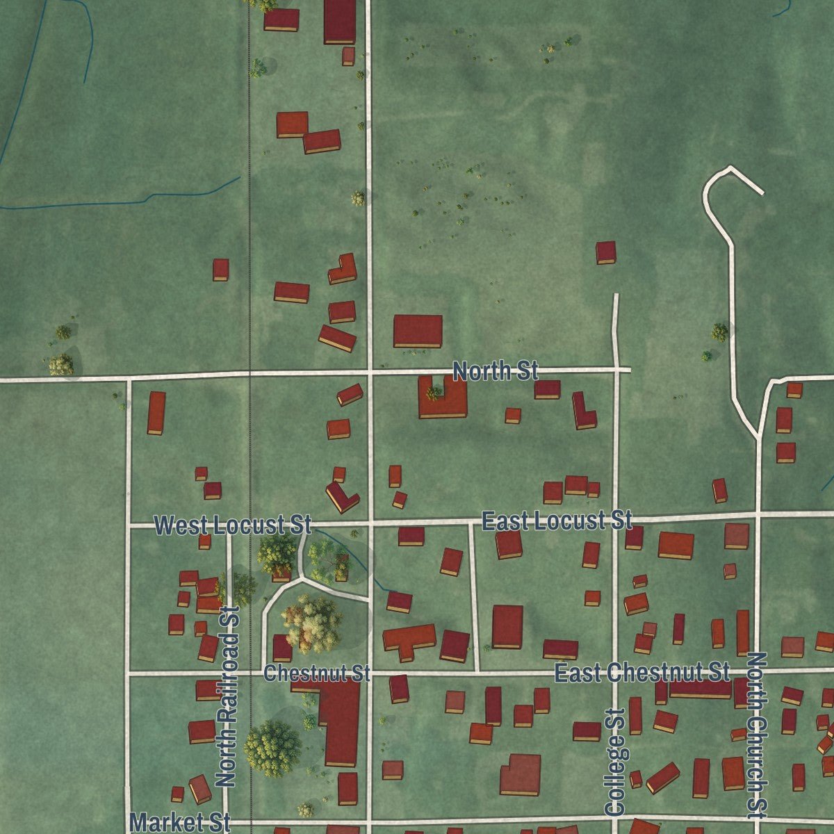 Close-up of the map of Chrisney, Indiana print showing street and building detail