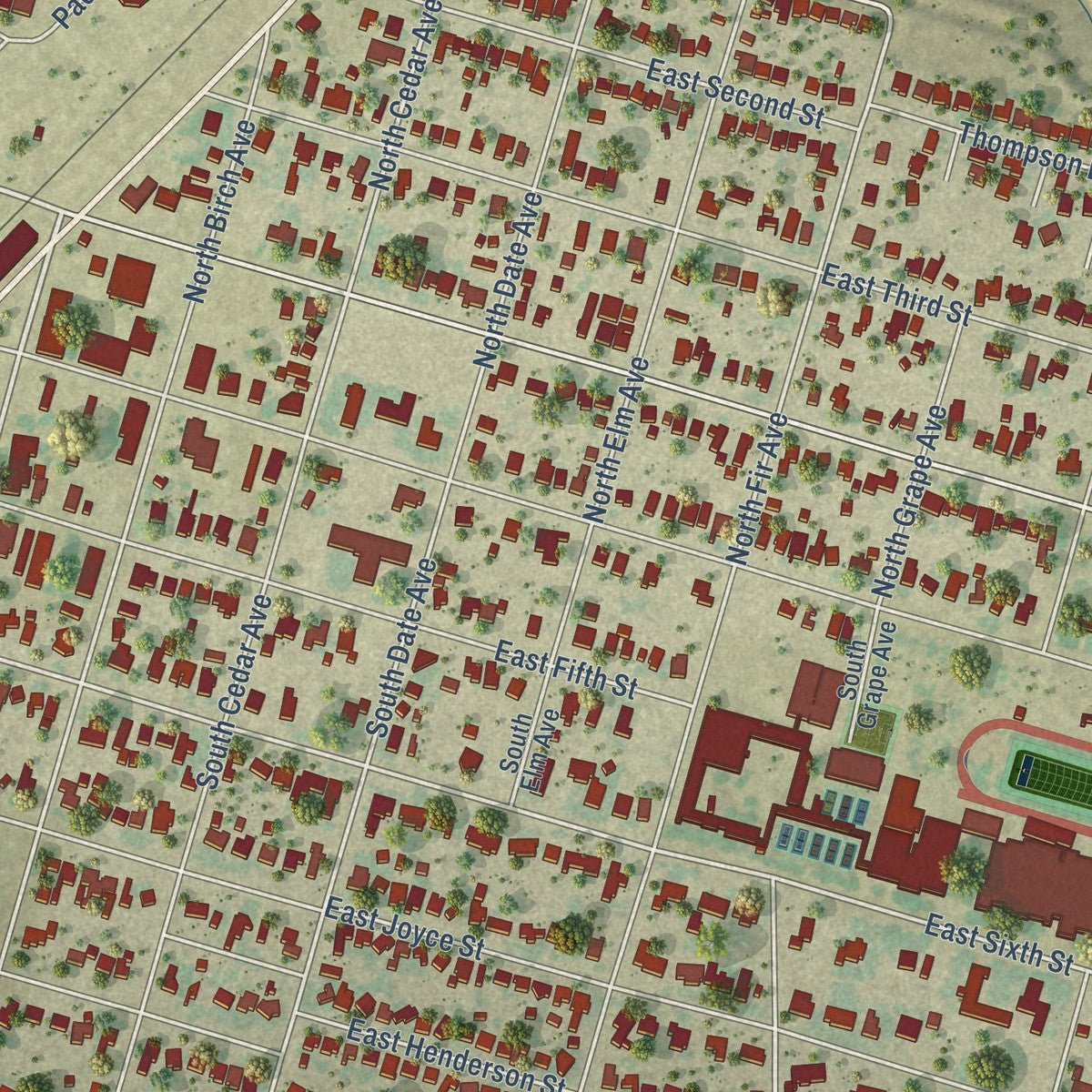 Close-up of the map of Bishop, Texas print showing street and building detail
