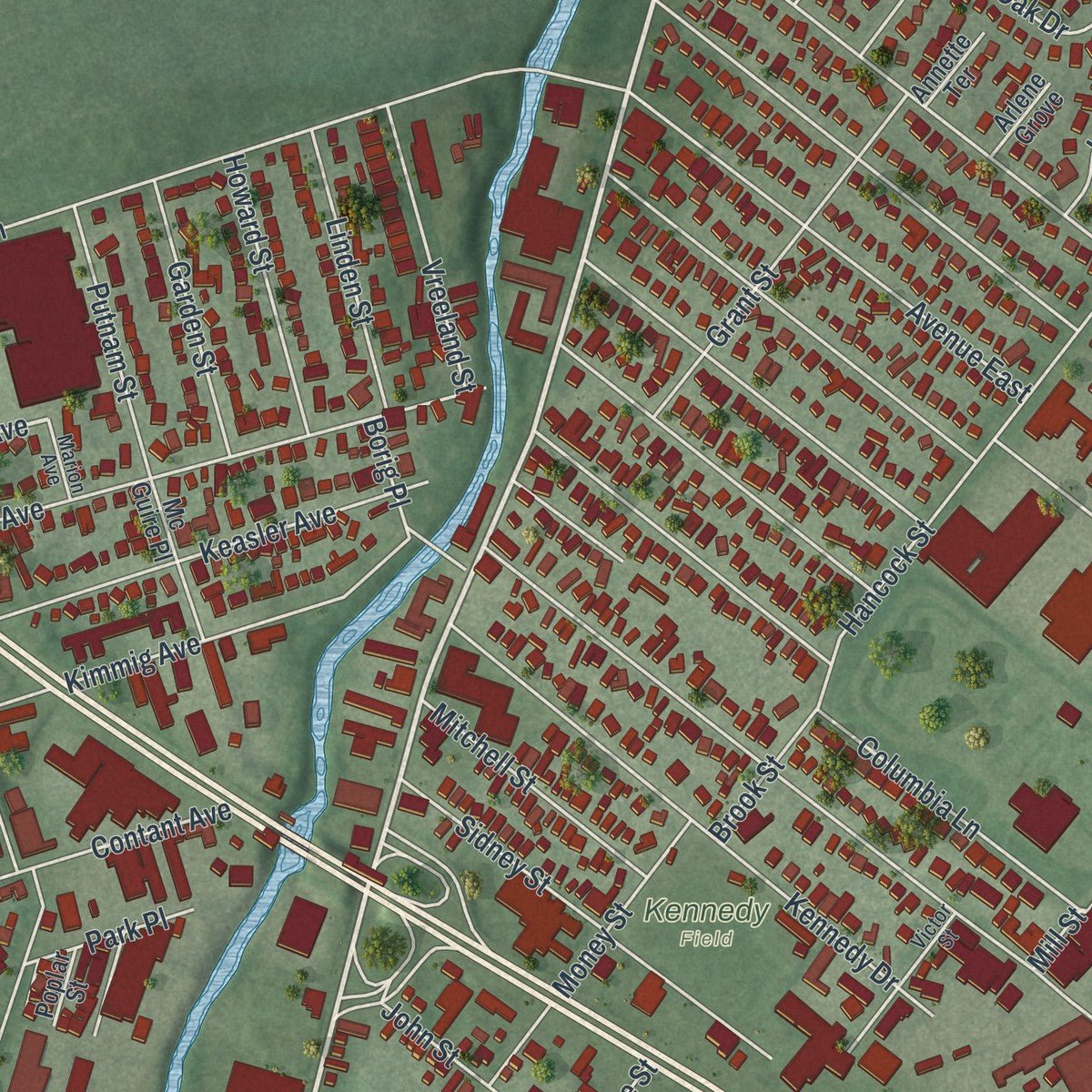 Close-up of the map of Lodi, New Jersey print showing street and building detail