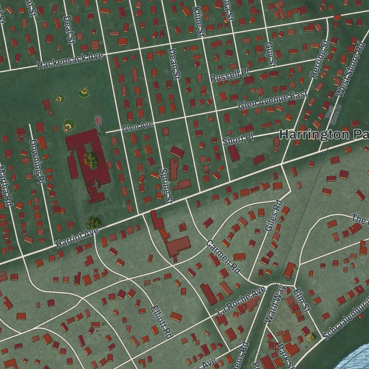 Close-up of the map of Harrington Park, New Jersey print showing street and building detail