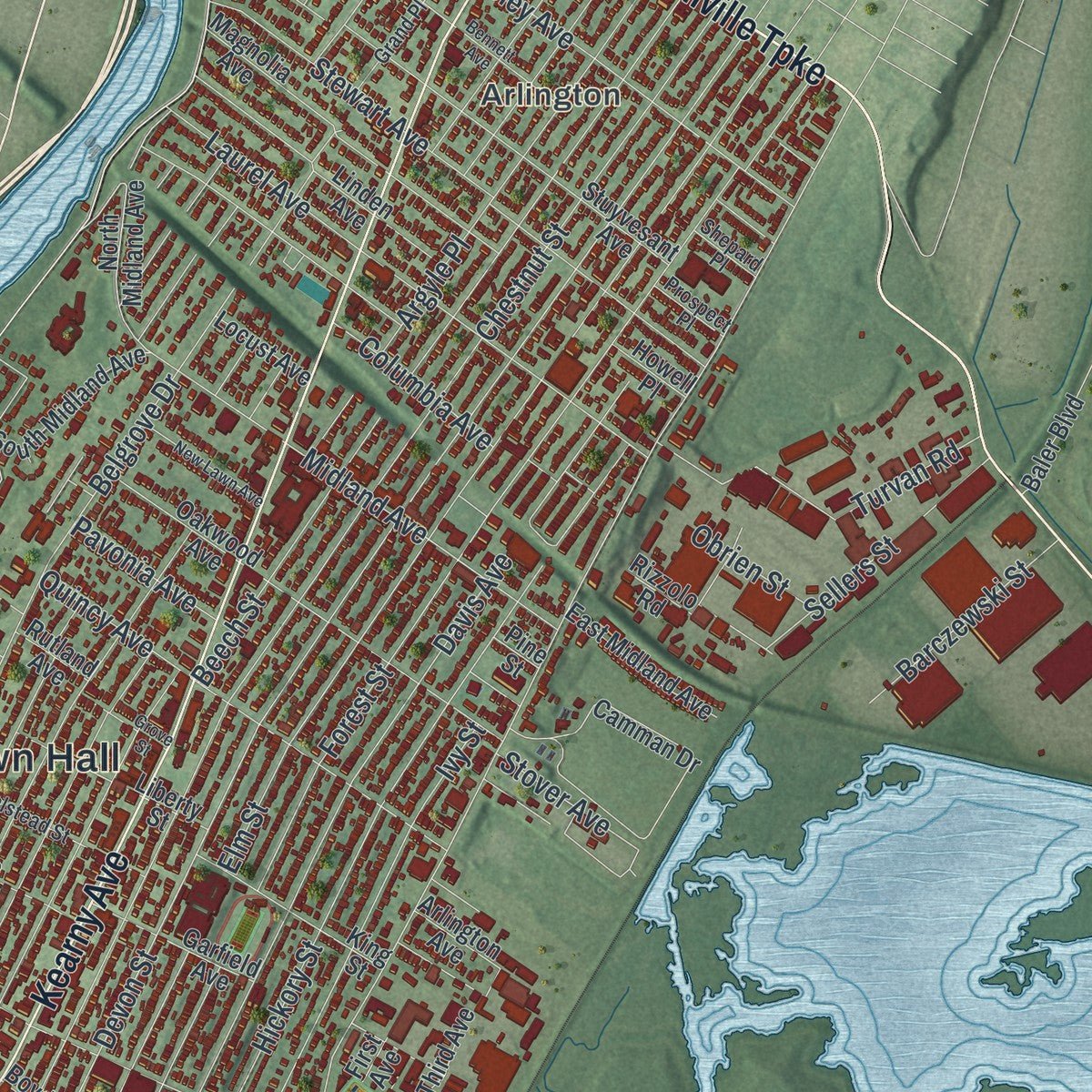 Close-up of the map of Kearny, New Jersey print showing street and building detail