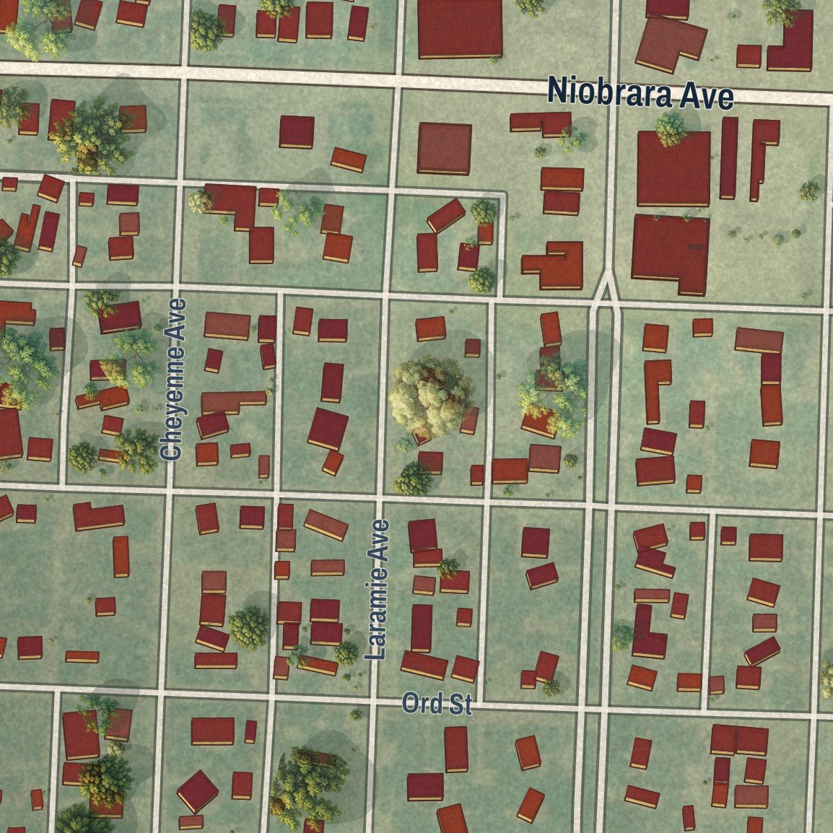 Close-up of the map of Hemingford, Nebraska print showing street and building detail