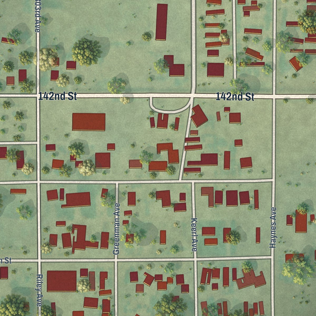 Close-up of the map of Akaska, South Dakota print showing street and building detail