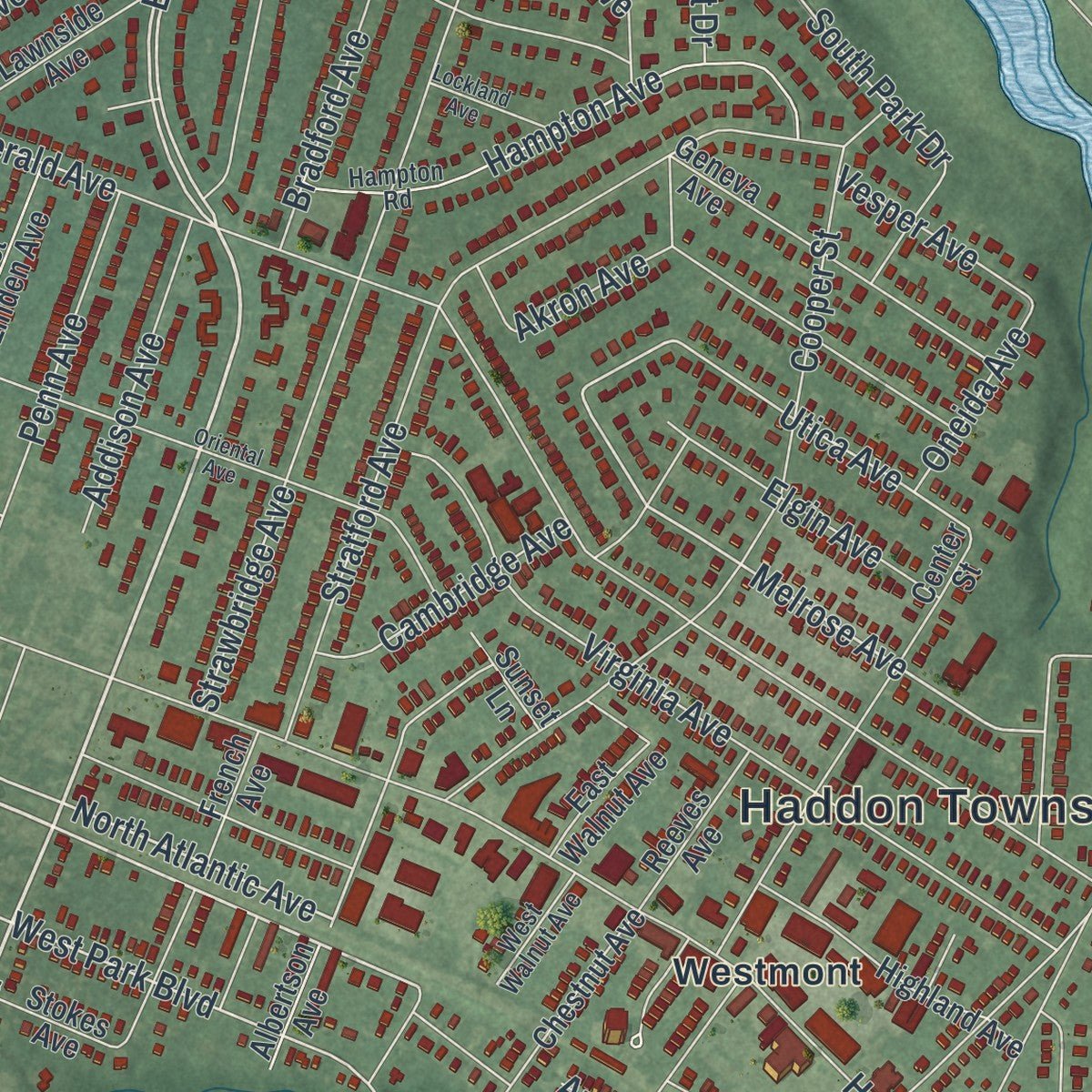 Close-up of the map of Haddon, New Jersey print showing street and building detail