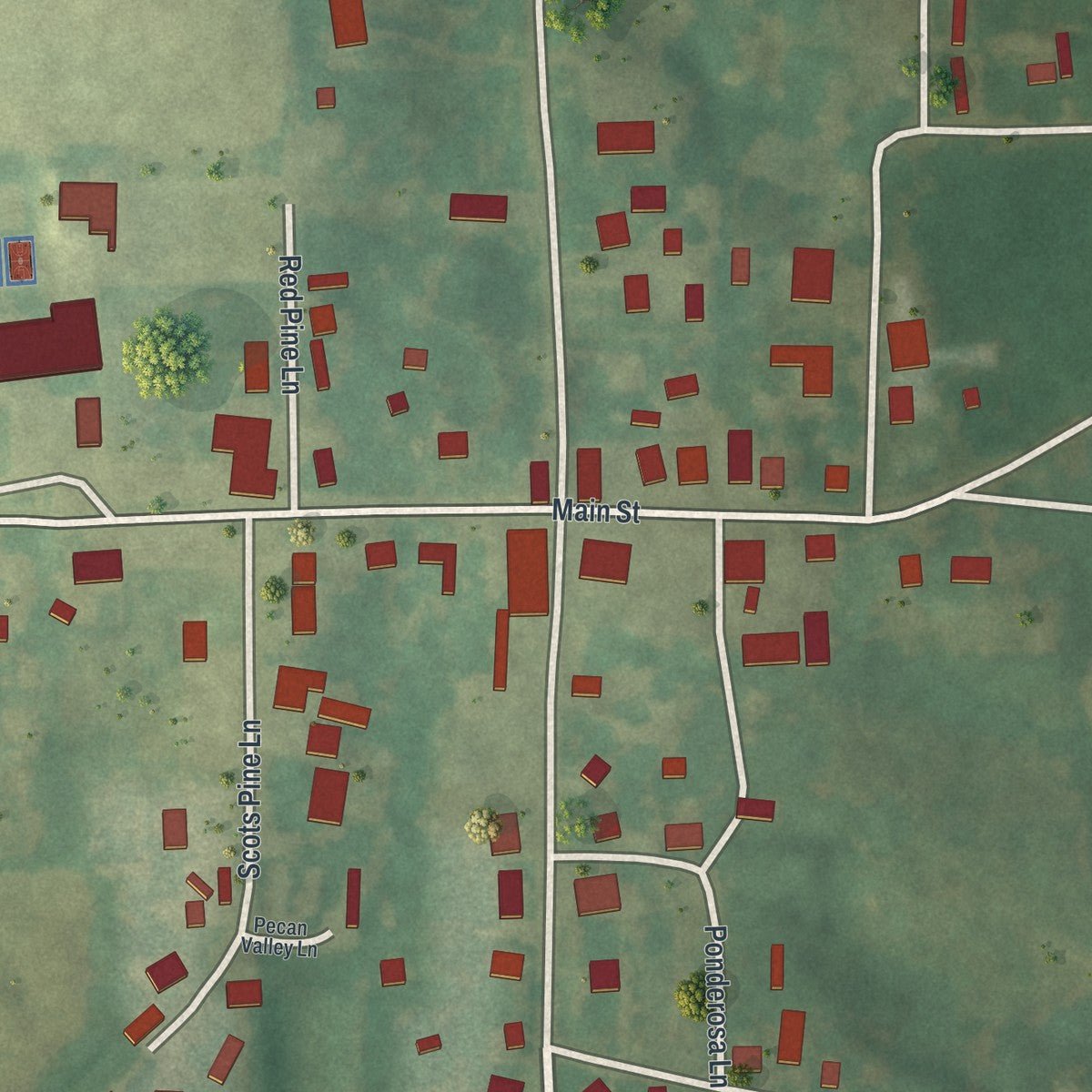 Close-up of the map of Oak Ridge, Missouri print showing street and building detail
