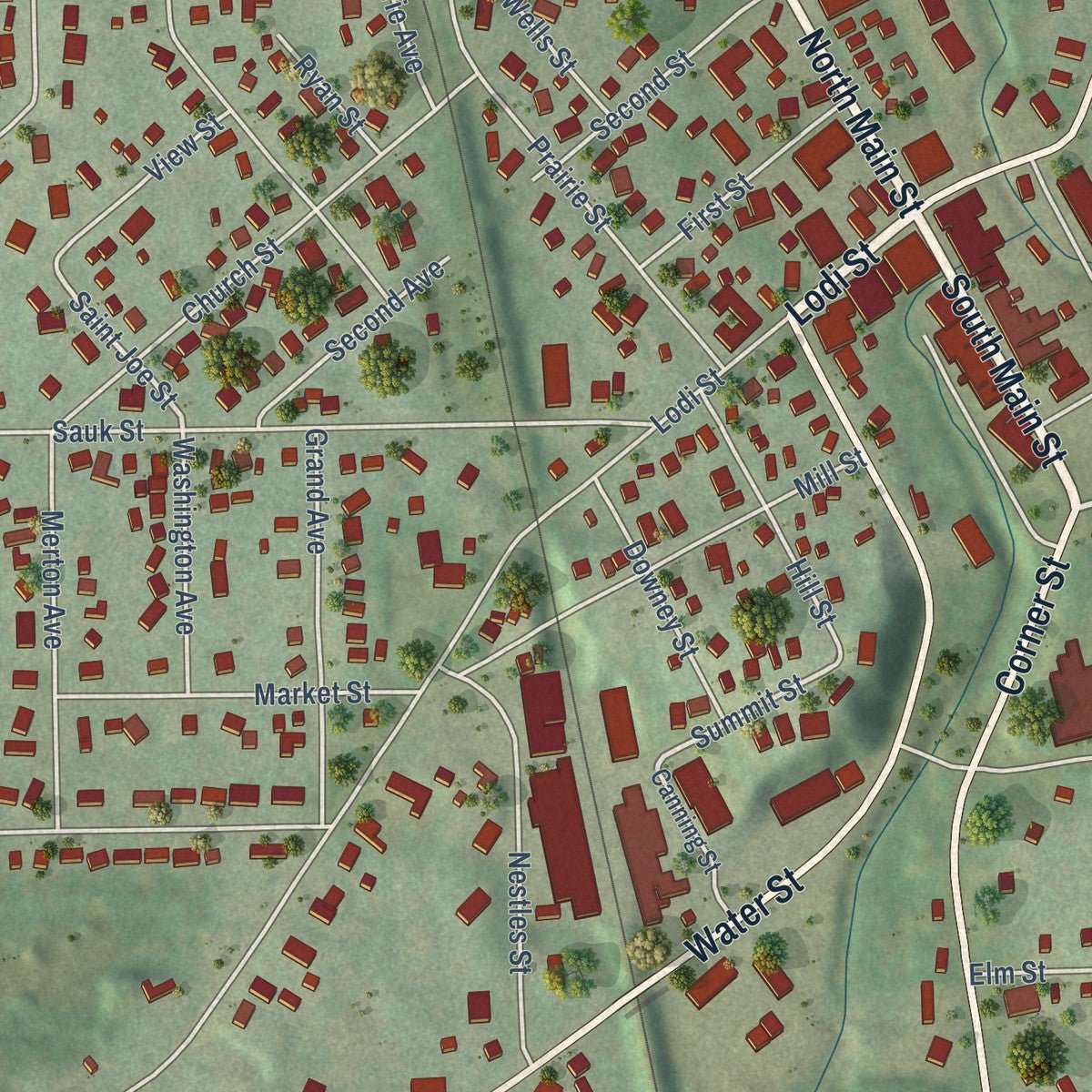 Close-up of the map of Lodi, Wisconsin print showing street and building detail
