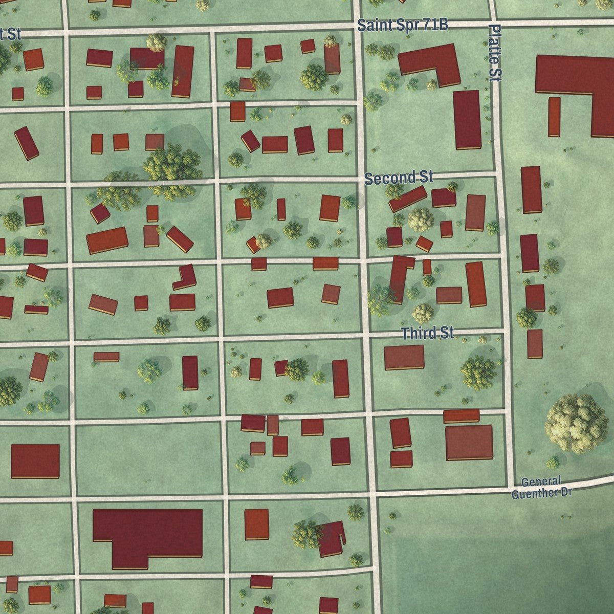 Close-up of the map of Platte Center, Nebraska print showing street and building detail