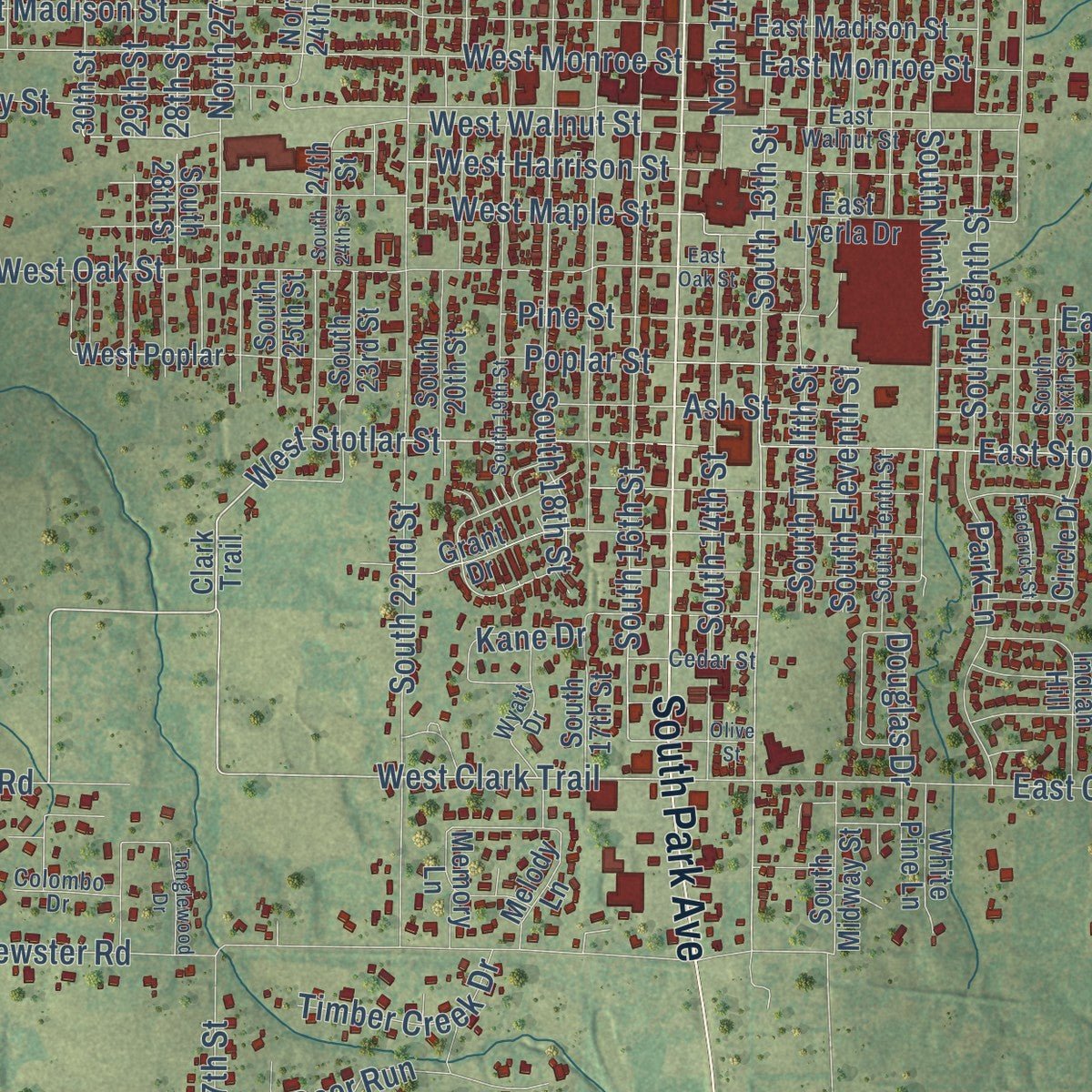 Close-up of the map of Herrin, Illinois print showing street and building detail