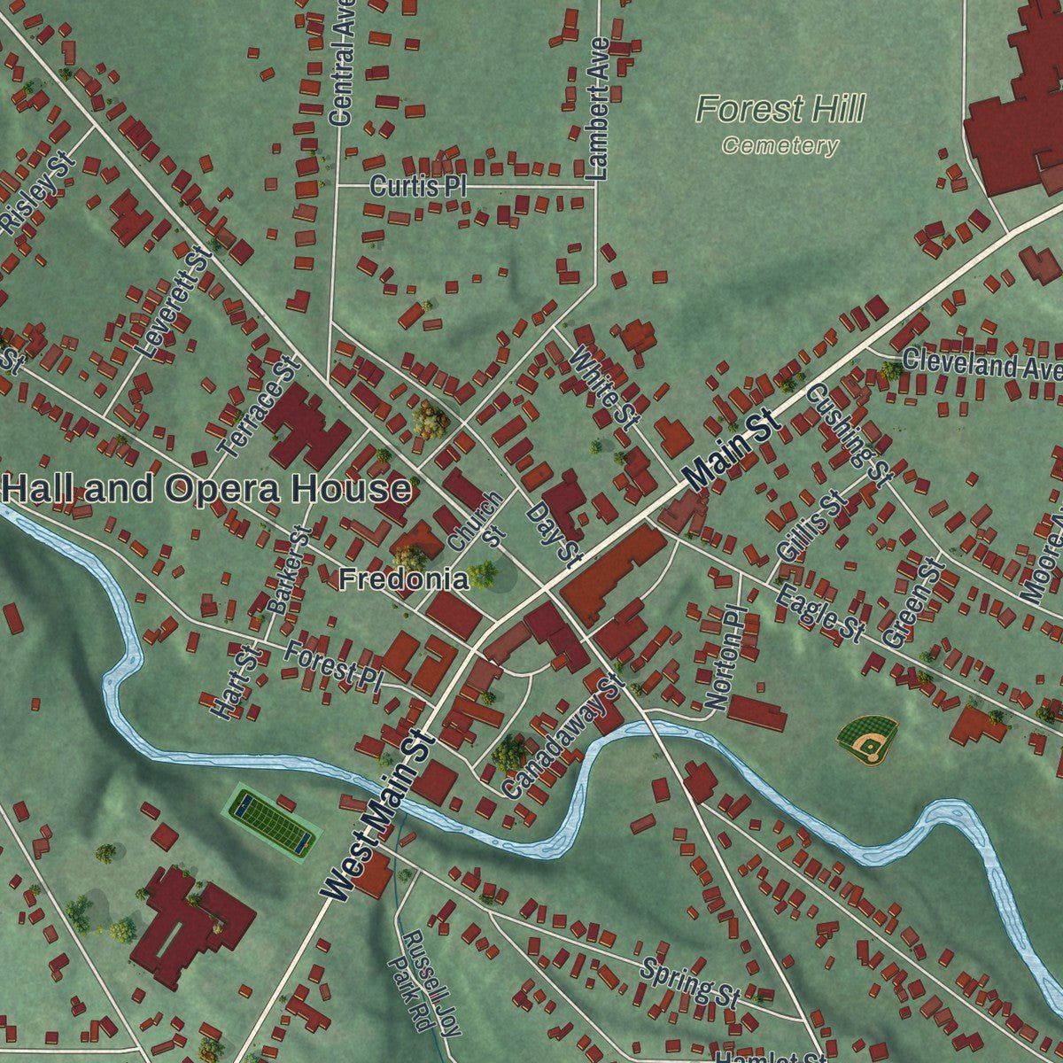 Close-up of the map of Fredonia, New York print showing street and building detail