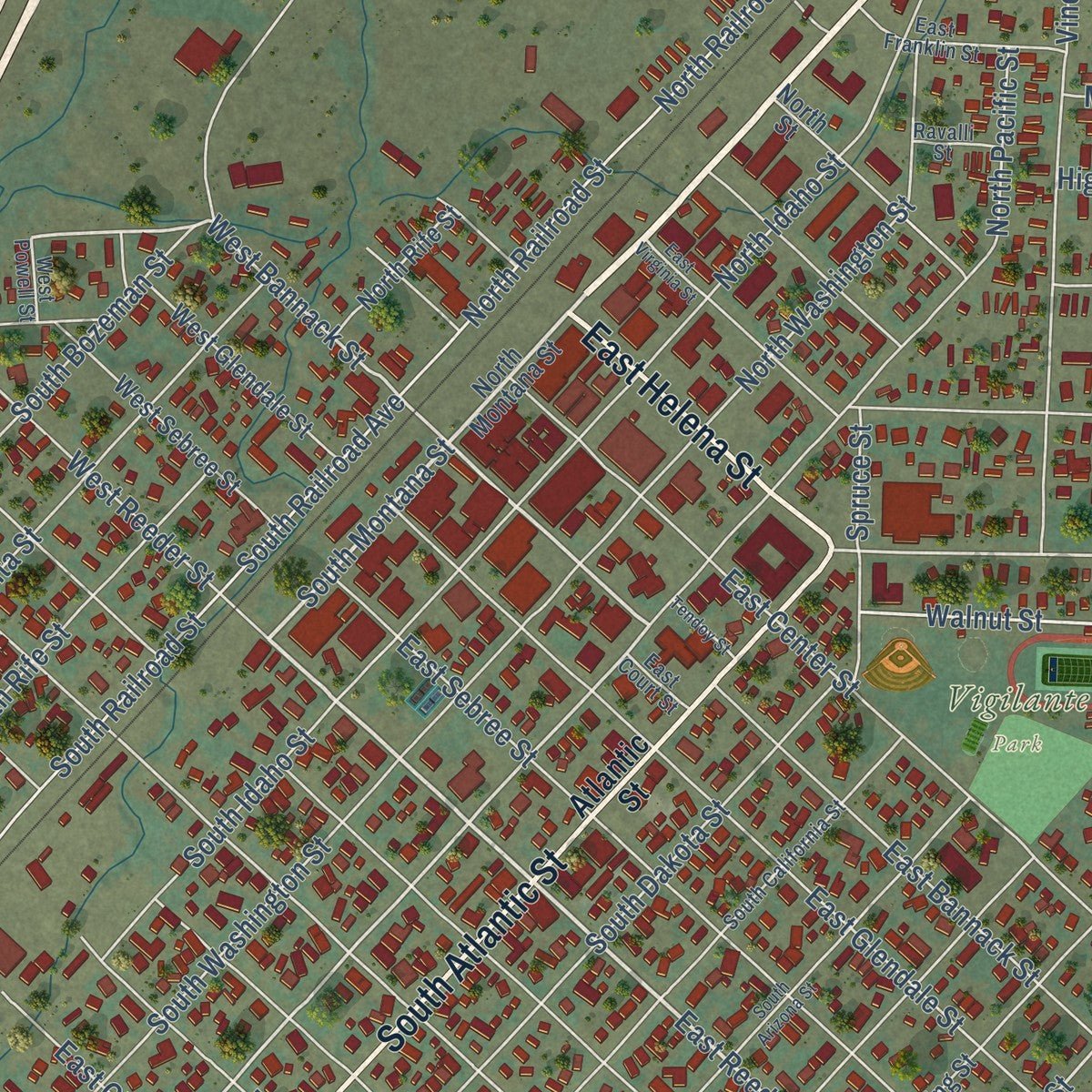 Close-up of the map of Dillon, Montana print showing street and building detail