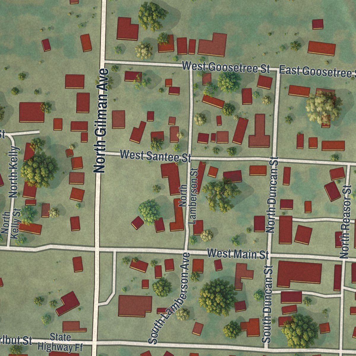 Close-up of the map of Wheaton, Missouri print showing street and building detail