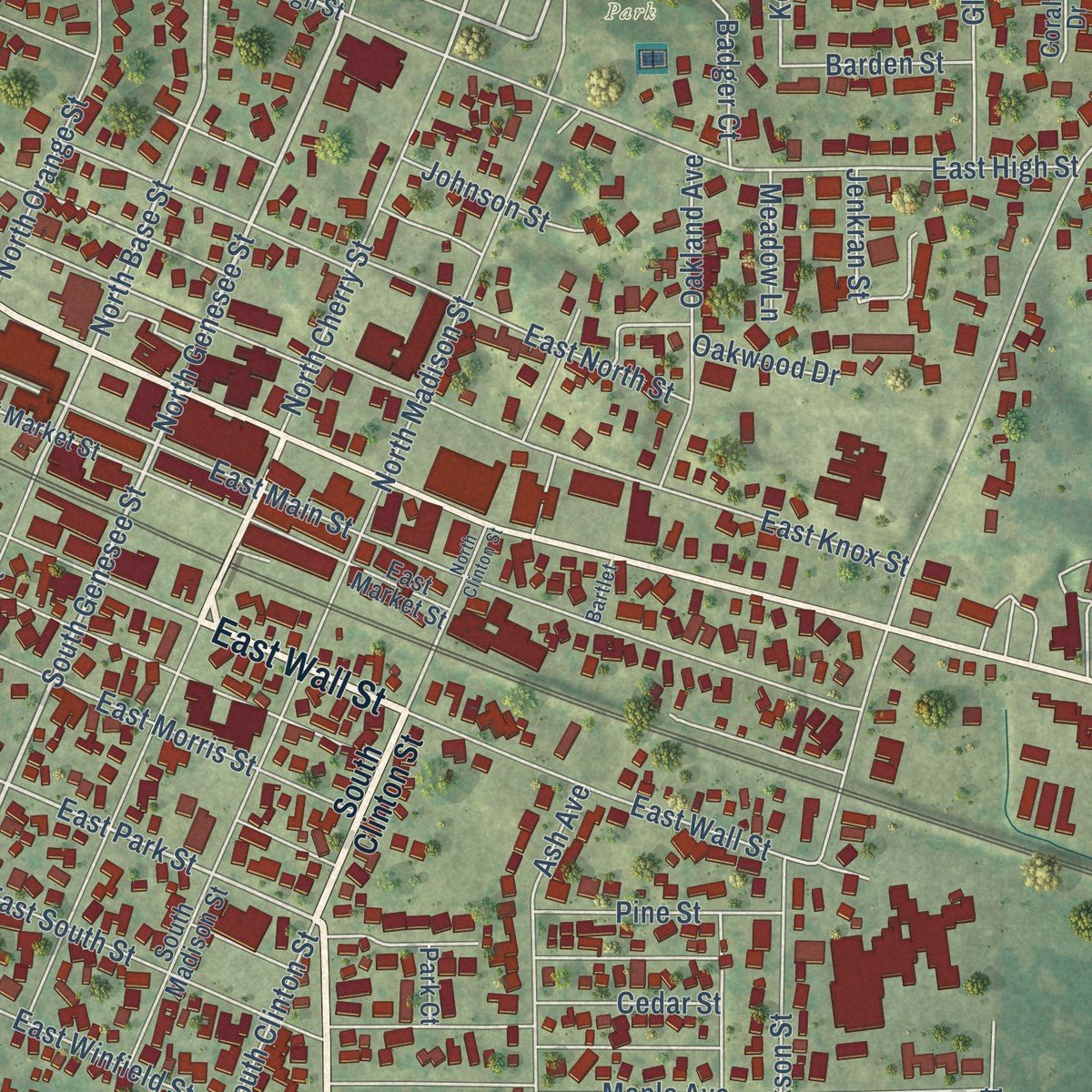 Close-up of the map of Morrison, Illinois print showing street and building detail