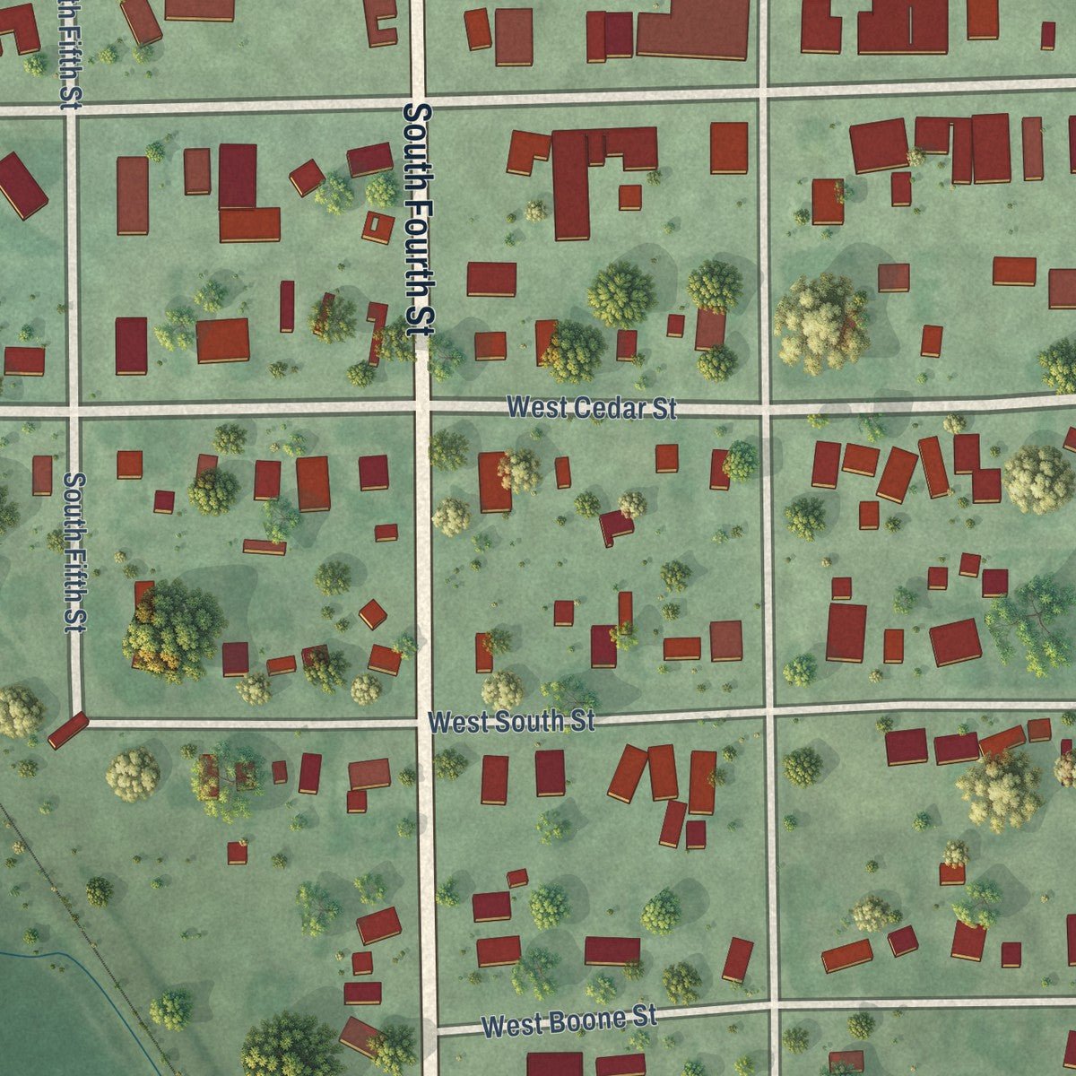 Close-up of the map of Cedar Rapids, Nebraska print showing street and building detail