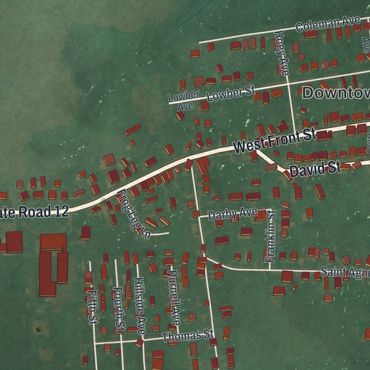 Close-up of the map of Frederica, Delaware print showing street and building detail