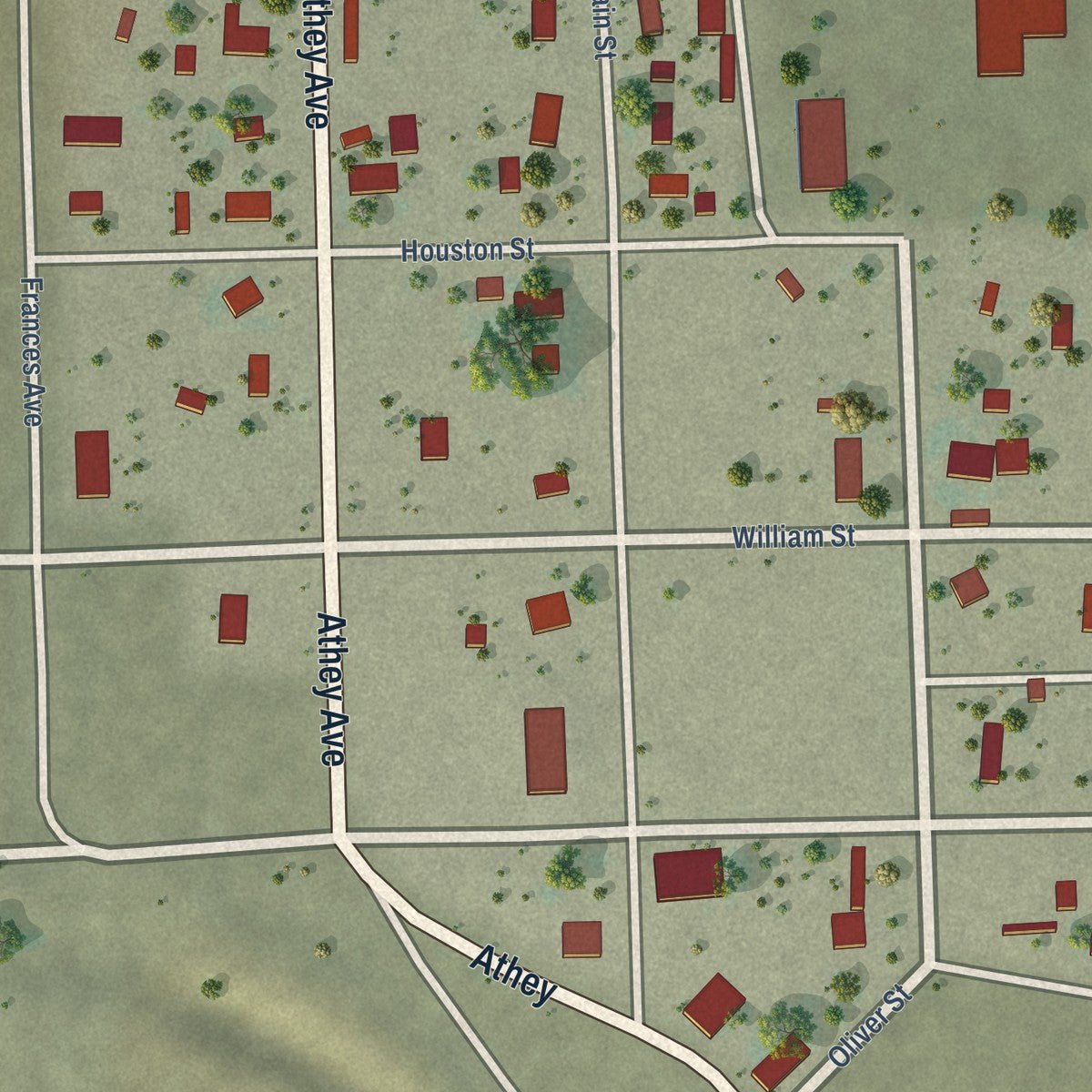 Close-up of the map of Branson, Colorado print showing street and building detail