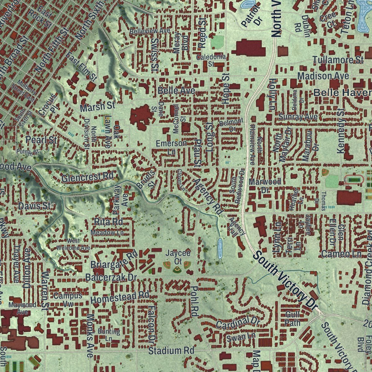 Close-up of the map of Mankato, Minnesota print showing street and building detail