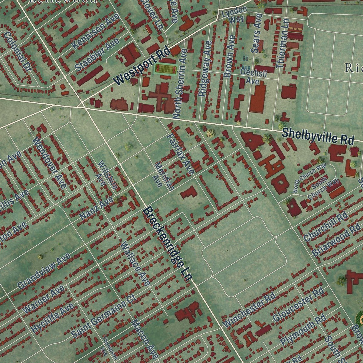 Close-up of the map of St. Matthews, Kentucky print showing street and building detail