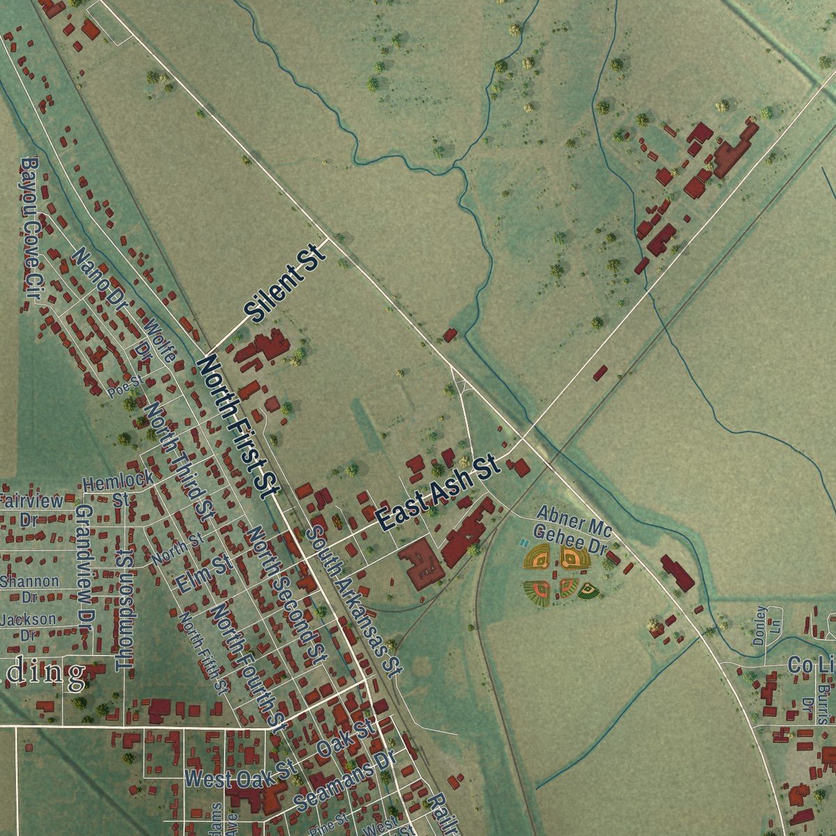 Close-up of the map of McGehee, Arkansas print showing street and building detail