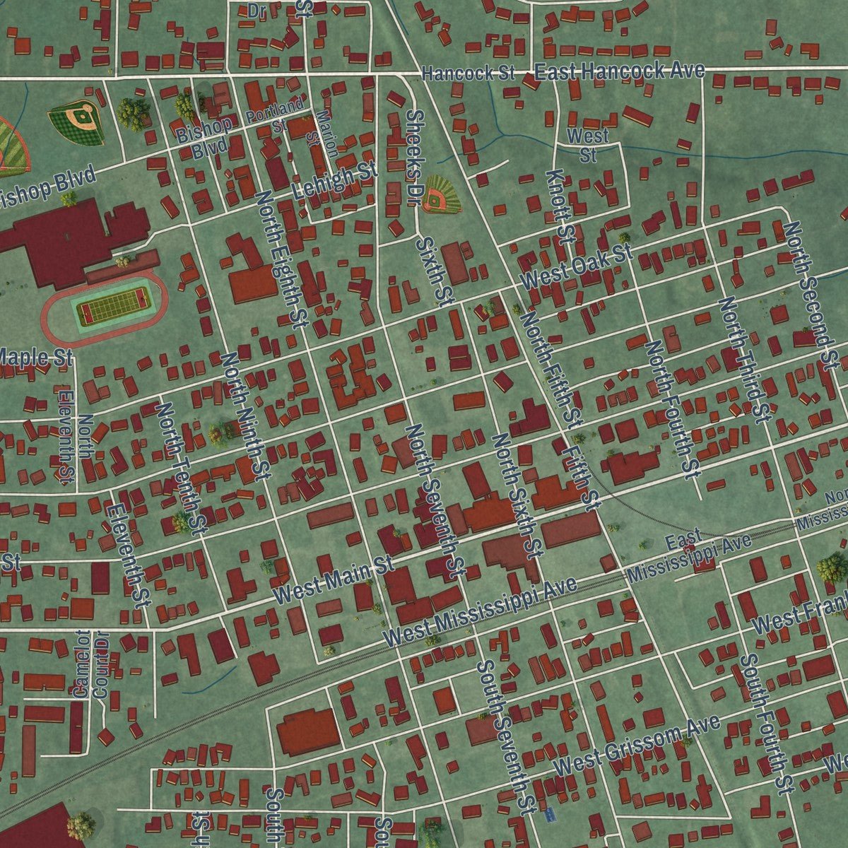 Close-up of the map of Mitchell, Indiana print showing street and building detail