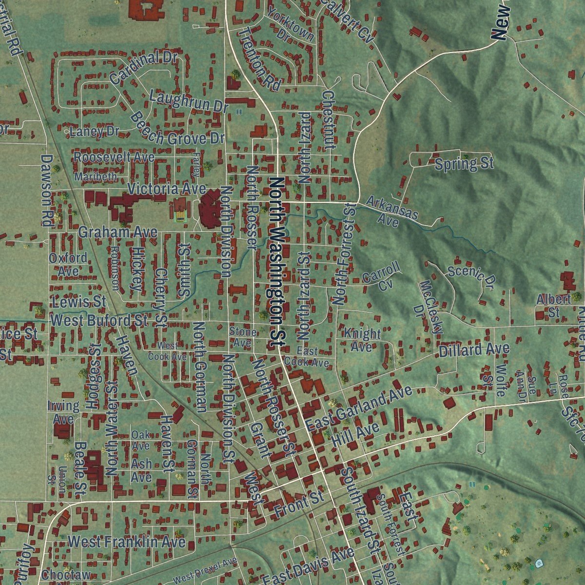 Close-up of the map of Forrest City, Arkansas print showing street and building detail