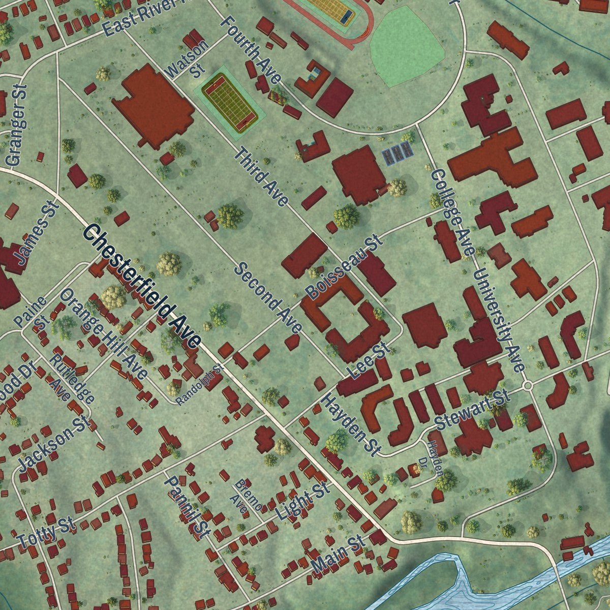 Close-up of the map of Ettrick, Virginia print showing street and building detail