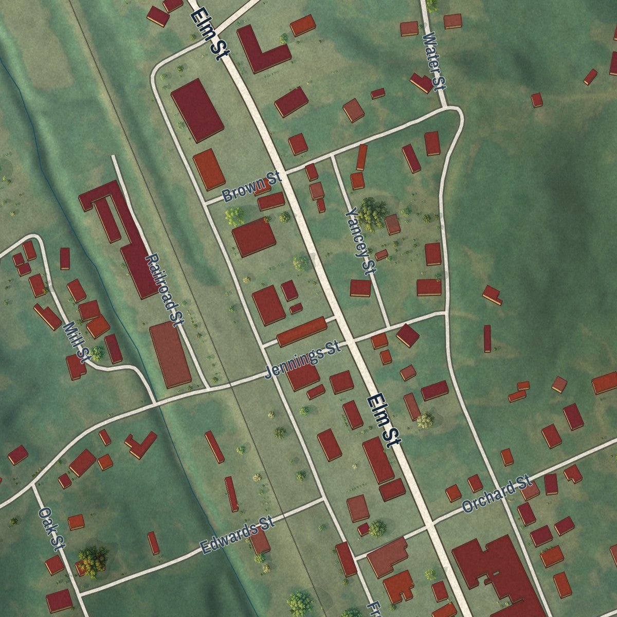 Close-up of the map of Bardwell, Kentucky print showing street and building detail