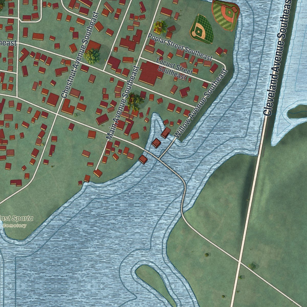 Close-up of the map of East Sparta, Ohio print showing street and building detail