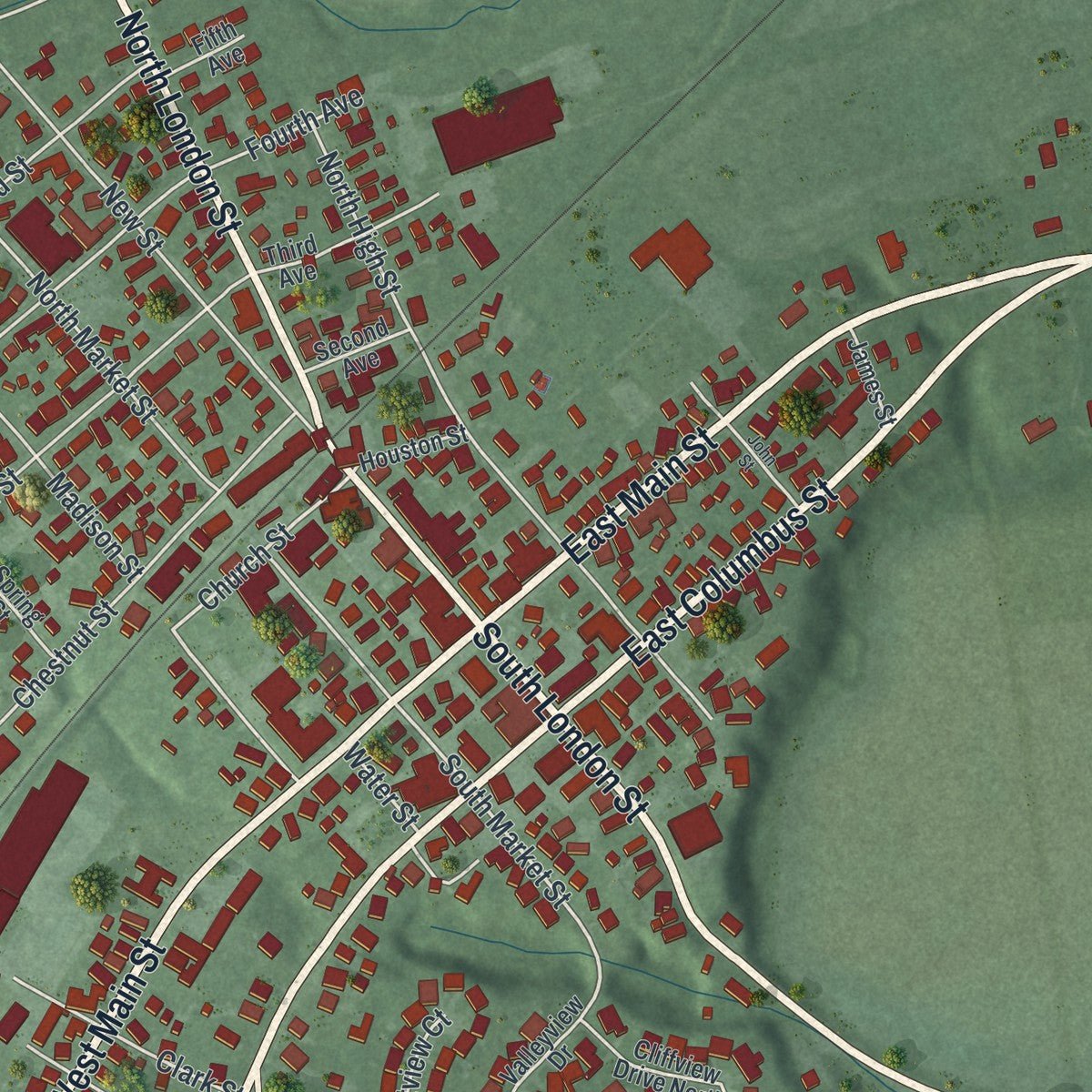 Close-up of the map of Mount Sterling, Ohio print showing street and building detail
