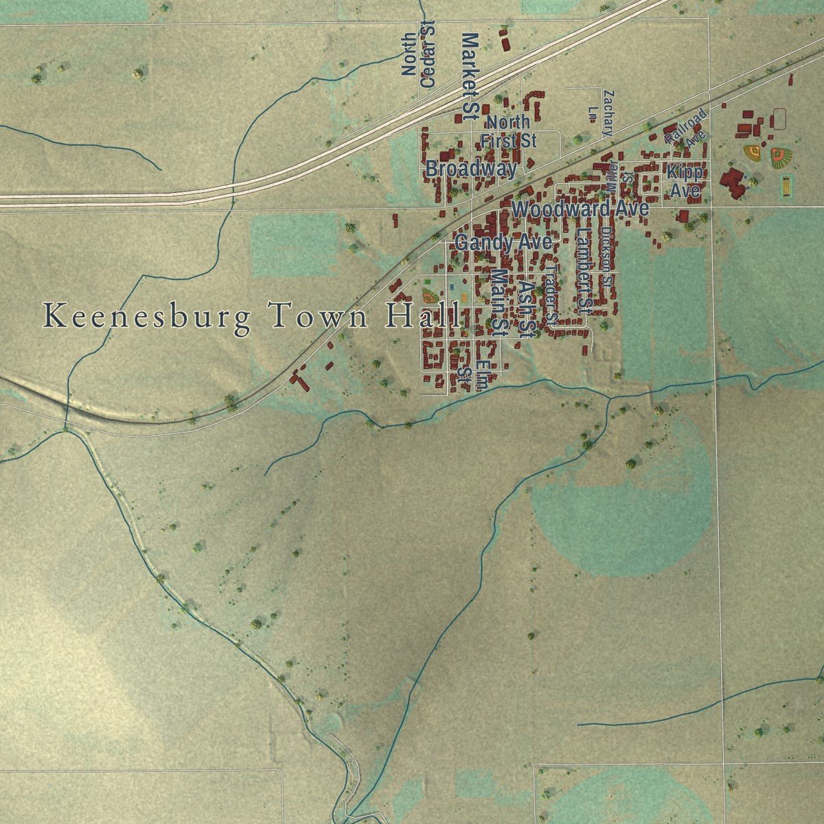 Close-up of the map of Keenesburg, Colorado print showing street and building detail