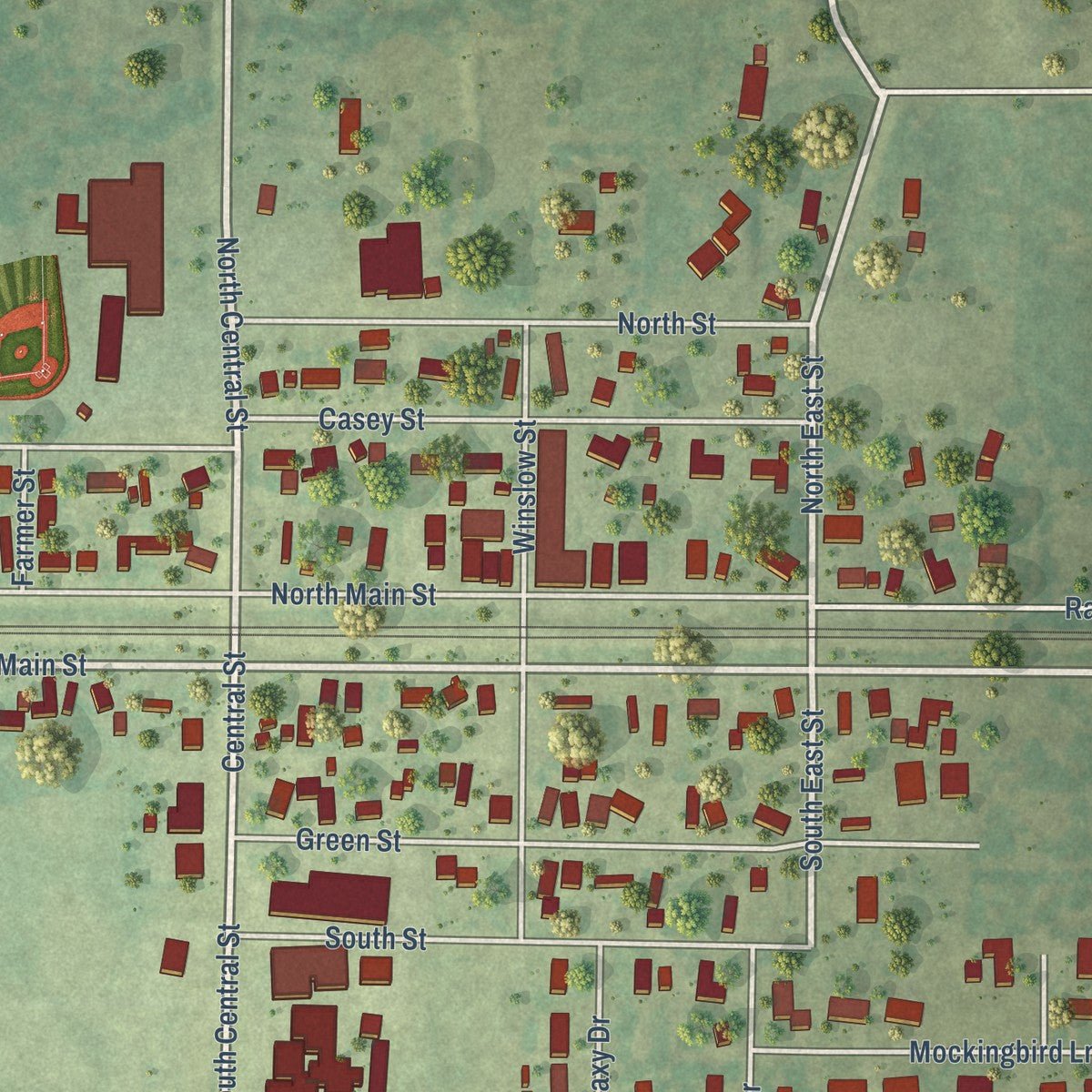 Close-up of the map of Woodlawn, Illinois print showing street and building detail