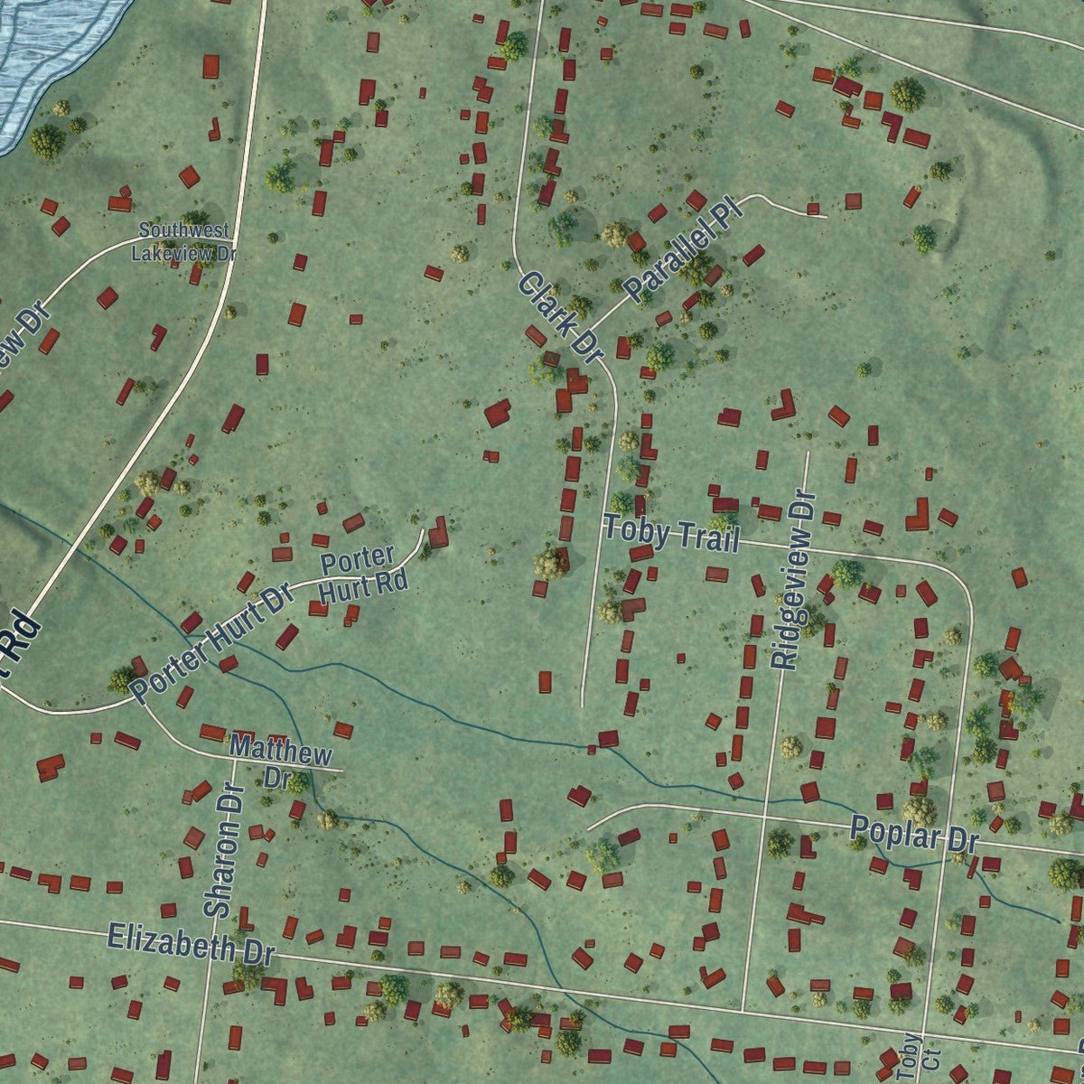 Close-up of the map of Rural Hill, Tennessee print showing street and building detail