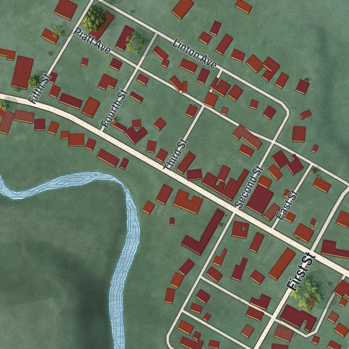 Close-up of the map of Clarksville, Ohio print showing street and building detail