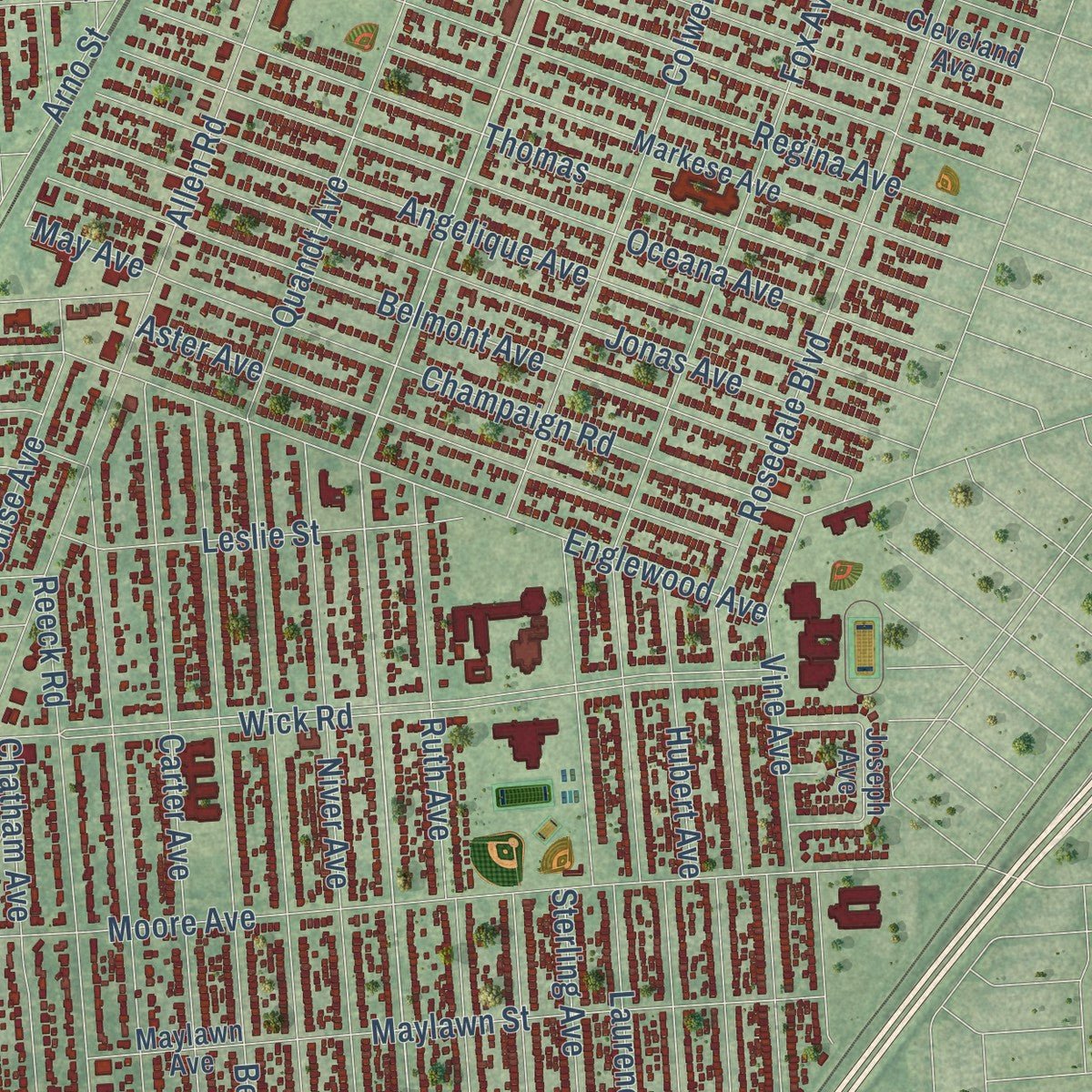 Close-up of the map of Allen Park, Michigan print showing street and building detail