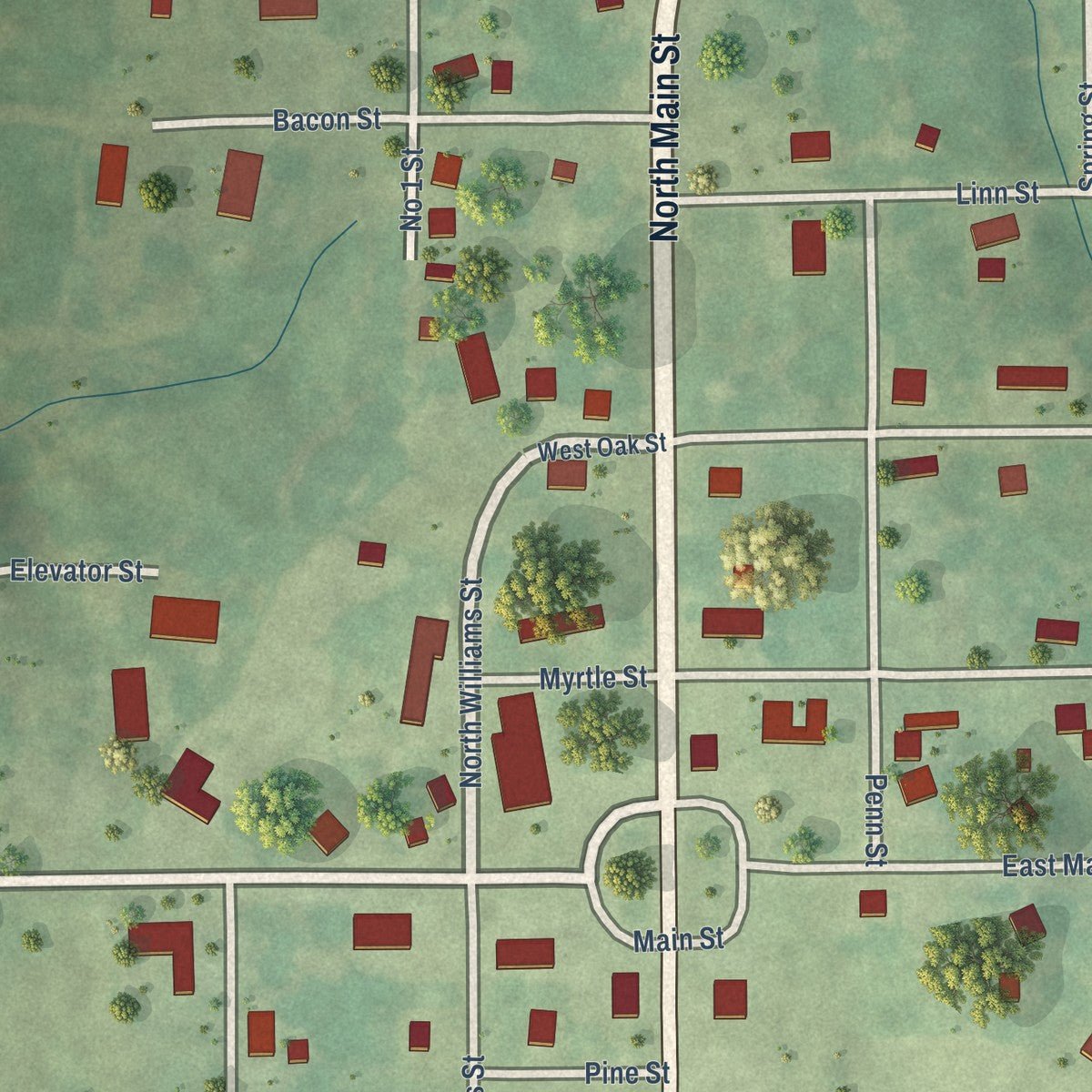 Close-up of the map of Hettick, Illinois print showing street and building detail