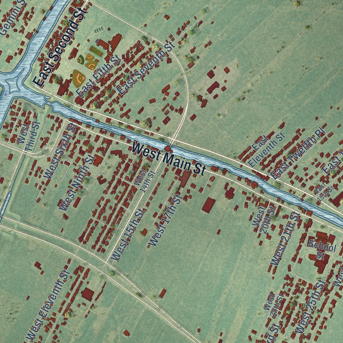 Close-up of the map of Larose, Louisiana print showing street and building detail