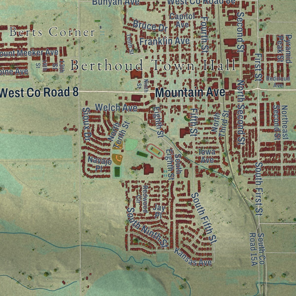 Close-up of the map of Berthoud, Colorado print showing street and building detail