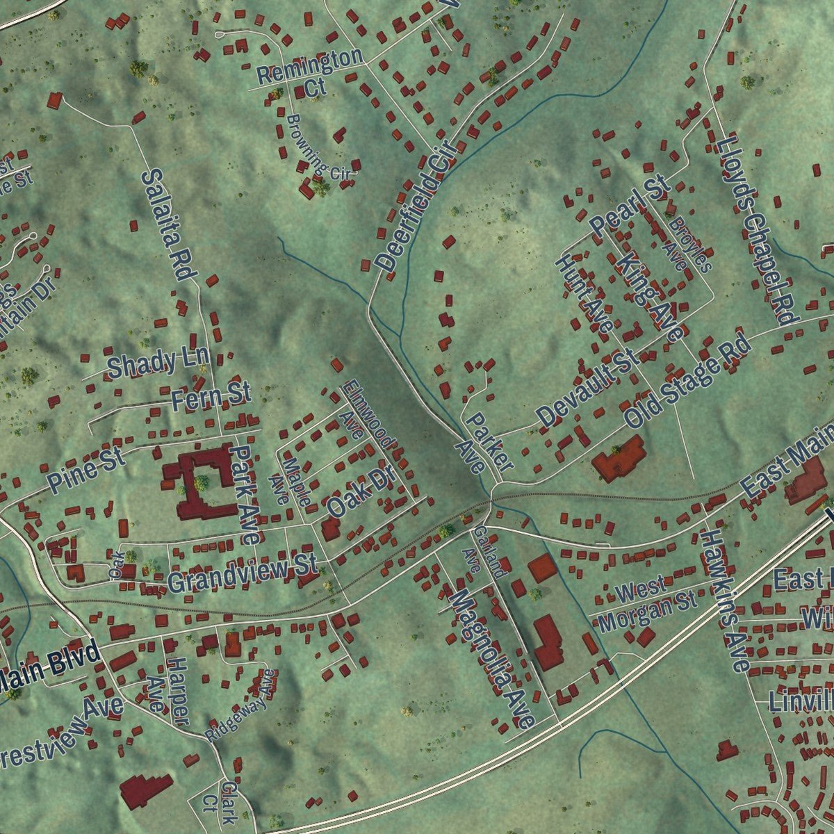 Close-up of the map of Church Hill, Tennessee print showing street and building detail