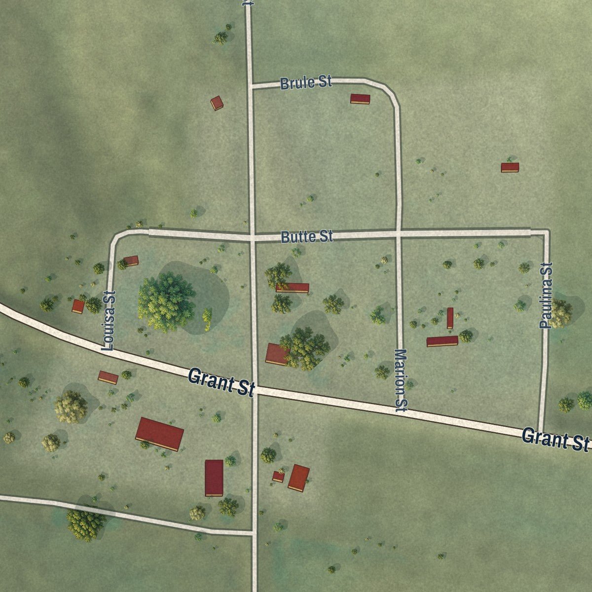 Close-up of the map of Monowi, Nebraska print showing street and building detail