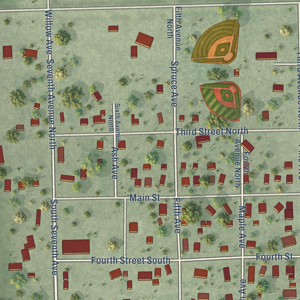 Close-up of the map of Alpena, South Dakota print showing street and building detail