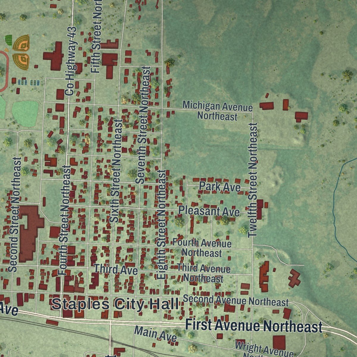 Close-up of the map of Staples, Minnesota print showing street and building detail