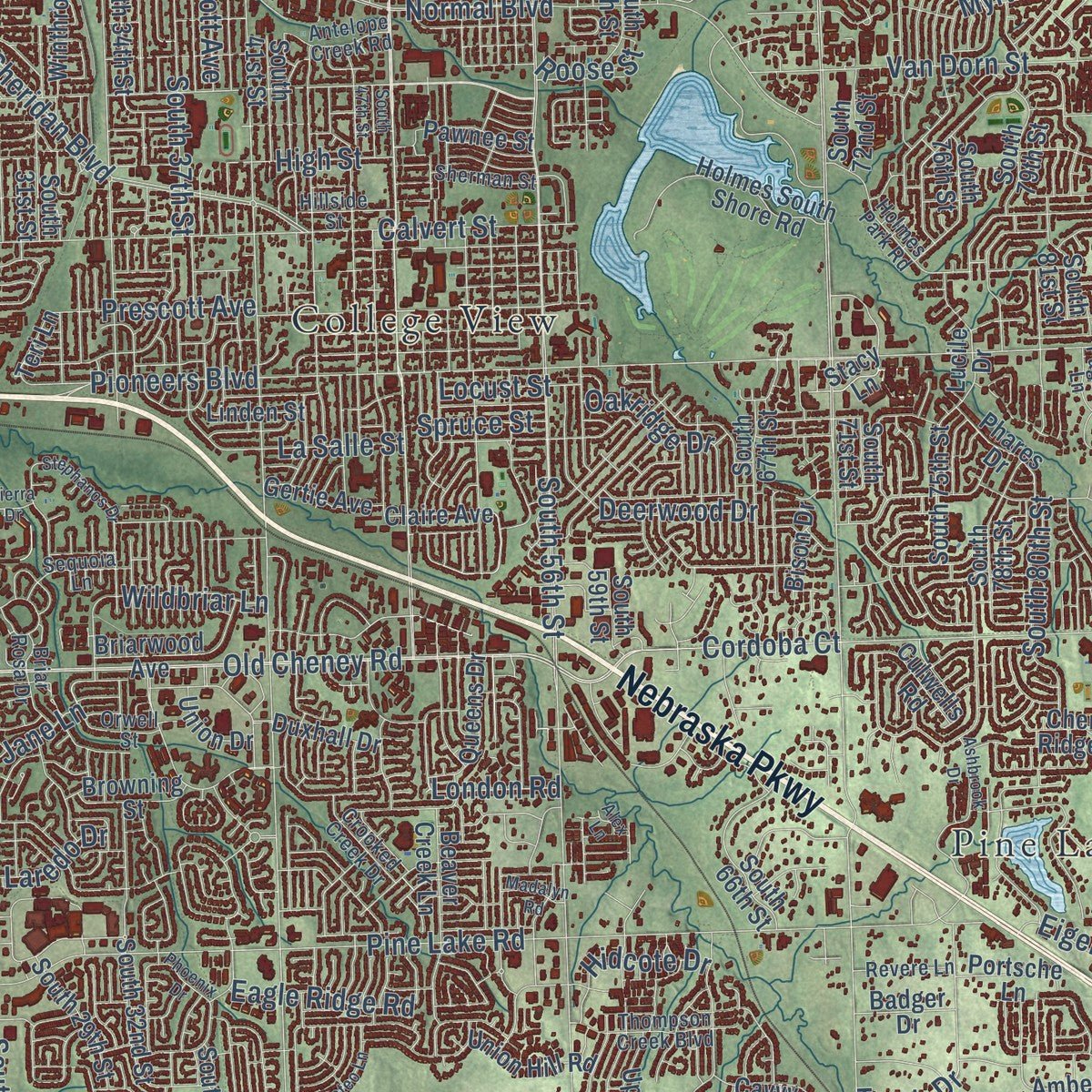 Close-up of the map of Lincoln, Nebraska print showing street and building detail