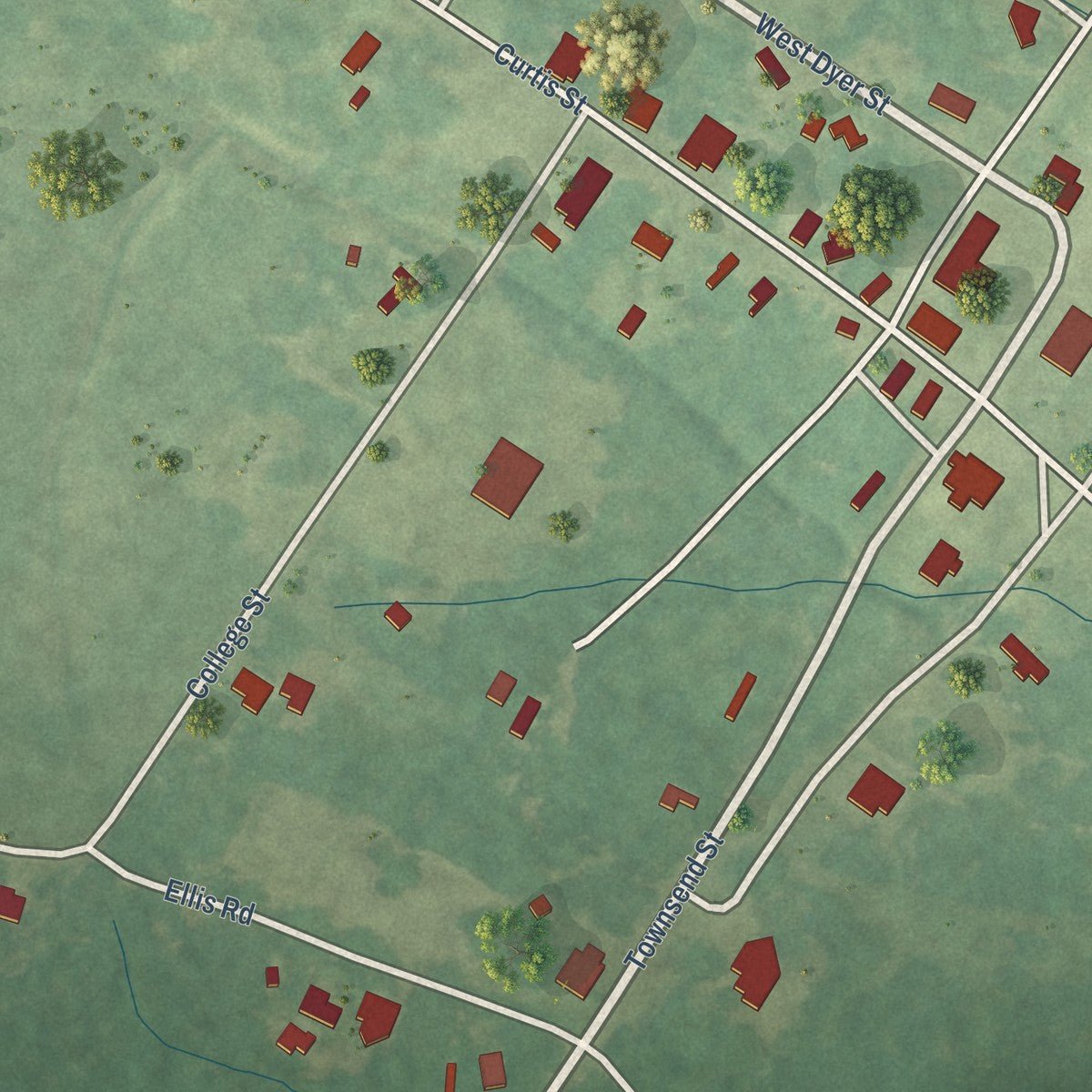 Close-up of the map of Glenwood, Alabama print showing street and building detail