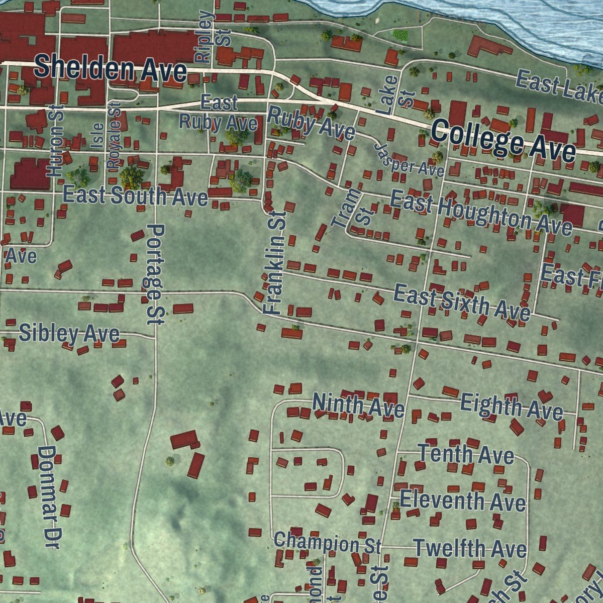 Close-up of the map of Houghton, Houghton County, Michigan print showing street and building detail