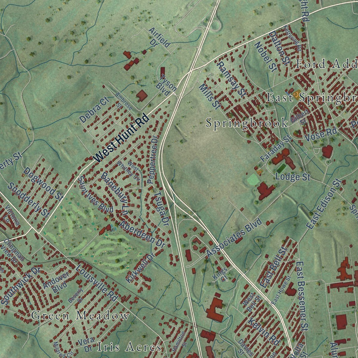 Close-up of the map of Alcoa, Tennessee print showing street and building detail