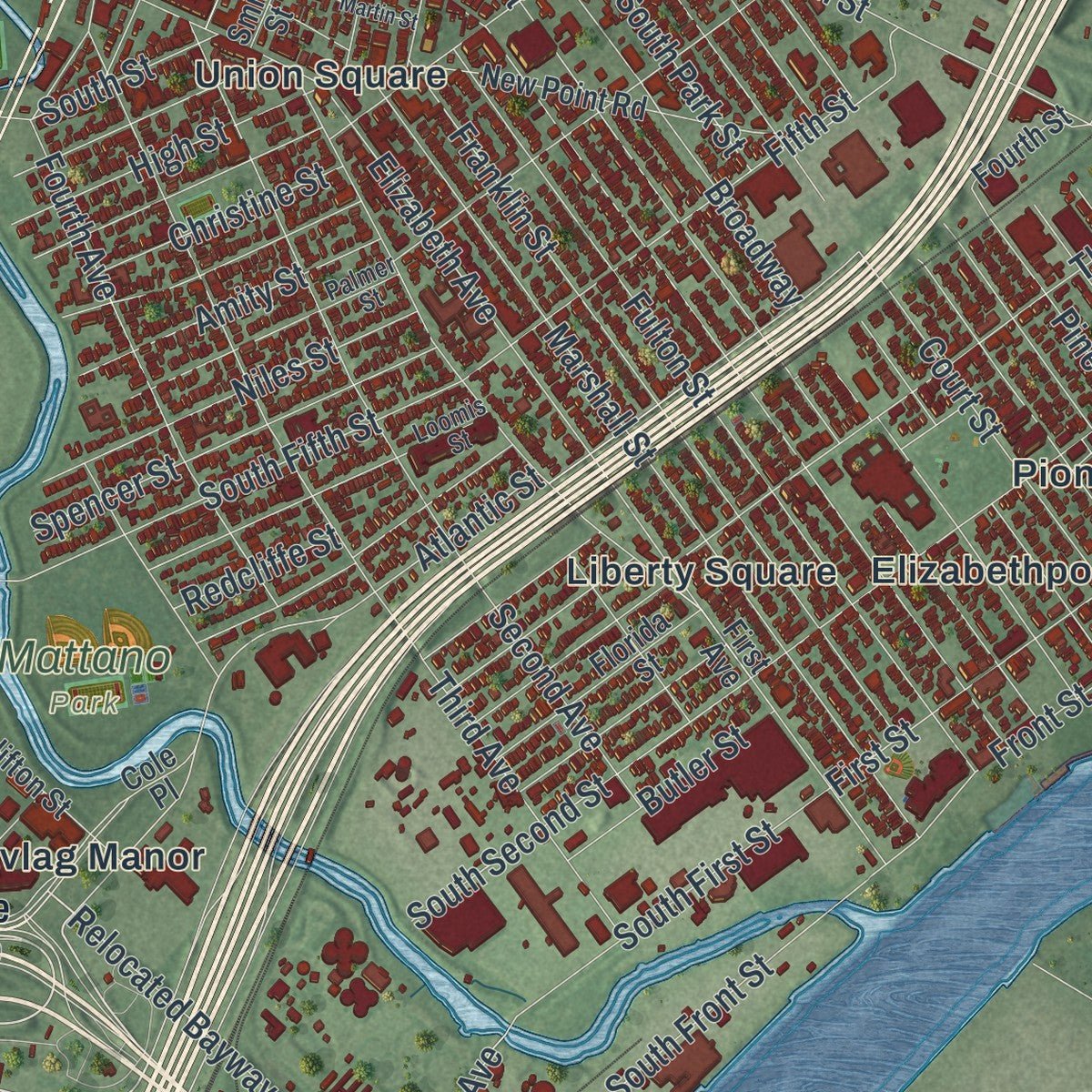Close-up of the map of Elizabeth, New Jersey print showing street and building detail