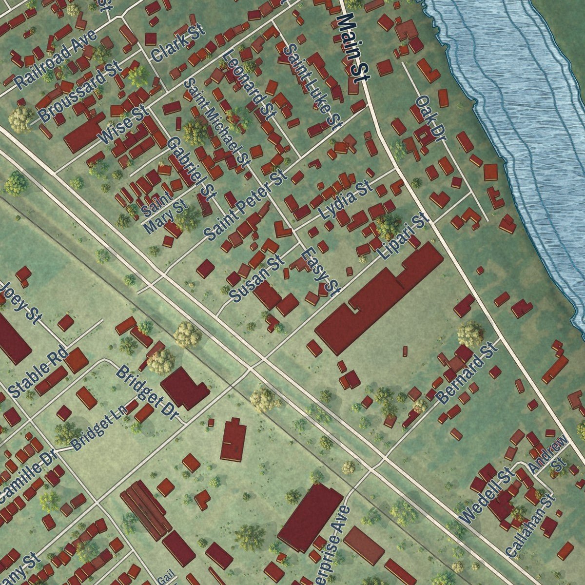 Close-up of the map of Patterson, Louisiana print showing street and building detail