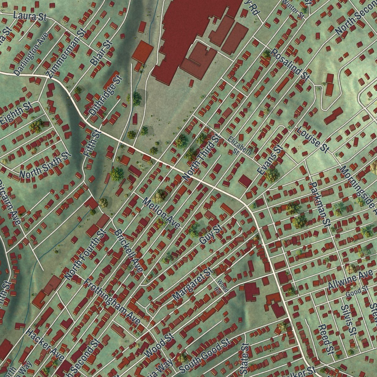 Close-up of the map of Jeannette, Pennsylvania print showing street and building detail