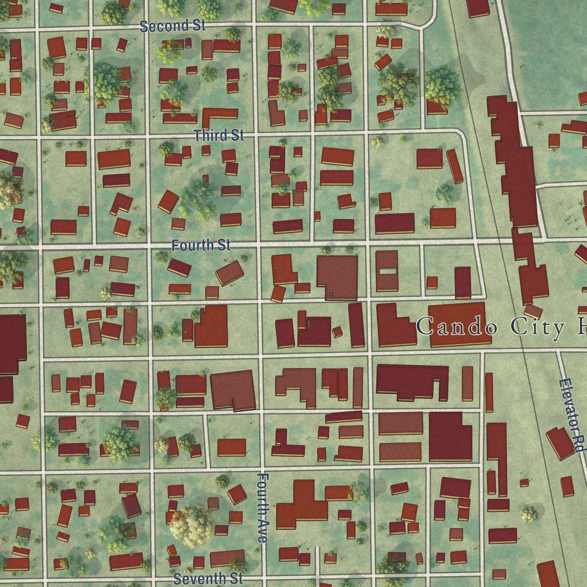 Close-up of the map of Cando, North Dakota print showing street and building detail