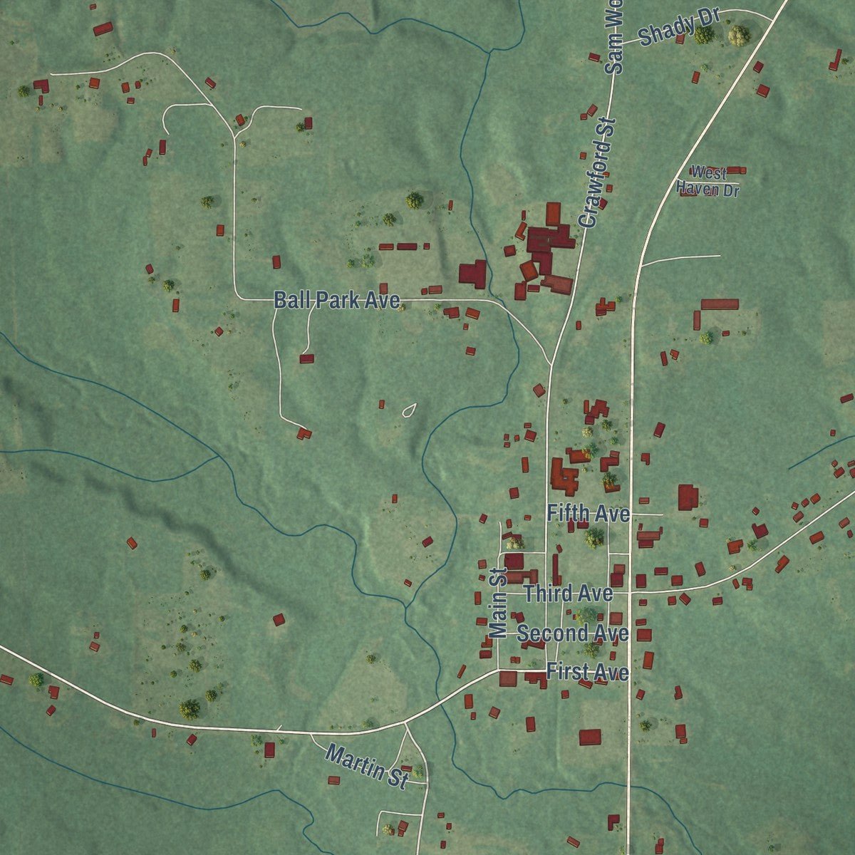 Close-up of the map of Millry, Alabama print showing street and building detail